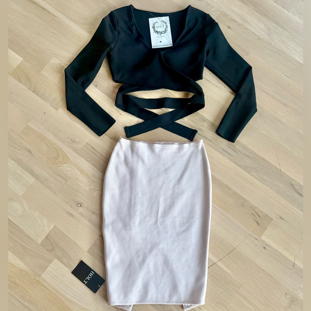 NWT Holt Miami 2 piece Bandage Black and Beige Skirt Set M
